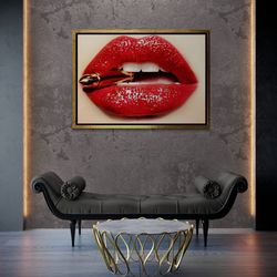 red lip and gullet framed canvas, red lip wall art, gullet wall art, sensual lip canvas, bedroom wall art, sexy lip gold