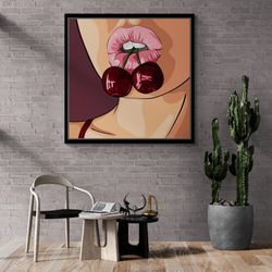 sexy lips cherry wall art, erotic cherry framed canvas, pop art wall art, sensual lips canvas, sensual woman canvas, sil