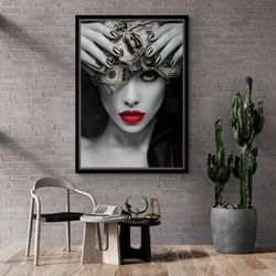 sexy woman wall art, sensual woman framed canvas, dollar canvas, beautiful girl wall art, crumpled dollar canvas, black