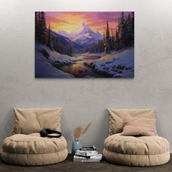 snowy nature framed canvas, sunset wall art, mountain canvas, landscape wall art, sunset art, winter wall art, abstract