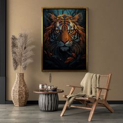 tiger face wall art, animal framed canvas, wild tiger canvas, cat artwork, big cat portrait canvas, colorful animal blac