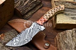 dk- custom handmade damascus tracker knife - 10" full tang blade, 384-layer steel, leather sheath, hunter camping