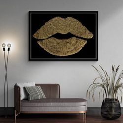 abstract wall art, gold lip framed canvas, lip wall art, large wall art, modern trendy canvas, golden lips artwork, gold