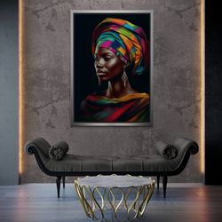 african woman framed canvas, african wall art, african woman portrait, woman with colorful scarf, big earrings, woman si