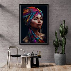 african woman framed canvas, african woman portrait, african wall art, woman with colorful scarf, big earrings, woman bl