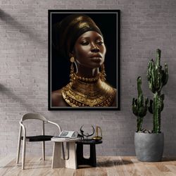 african woman wall art, gold detailed woman framed canvas, african woman portrait, black background wall art, gold art,