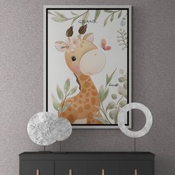 baby giraffe wall art, giraffe framed canvas, animal wall art, giraffe cartoon canvas, sweet giraffe wall art, giraffe g