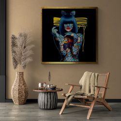 blue haired naked woman framed canvas, pop art wall art, pop canvas, erotic woman rolled canvas, sexy woman pop art, gol