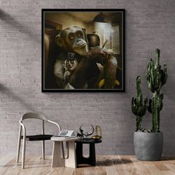 cigar smoking monkey wall art, smoking monkey framed canvas, cool monkey wall art, boss monkey canvas, mafia monkey blac