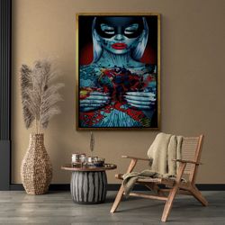 colored woman wall art, comic style framed canvas, cartoon artwork, woman pop art, pop art woman canvas, woman wall art,