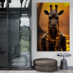 cool giraffe framed canvas, animal wall art, surreal animal canvas, giraffe with necklace, large wall art, modern black