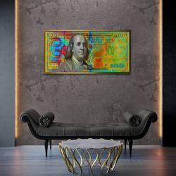 dollar money wall art, 100 dollar bill framed canvas, benjamin franklin, money picture wall art, colorful dollar canvas,