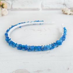 blue crystal thin crown, rustic wedding headband, bridesmaid blue headpiece, bright gemstone birthday hair accessories