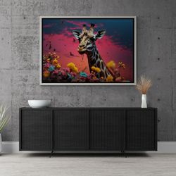 giraffe framed canvas, wild life canvas, exotic animal wall art, flower canvas, colorful giraffe wall art, animal black