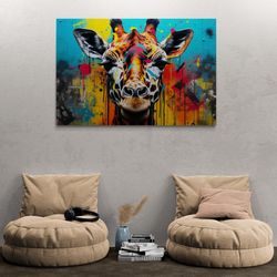 giraffe wall art, wild animal framed canvas, colorful giraffe wall art, graffiti canvas, animal pop art, wild life white