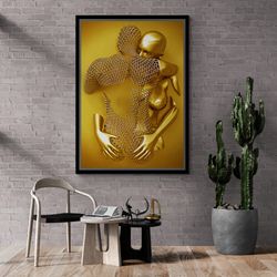 golden metallic hugging framed canvas, metallic couple wall art, metallic love canvas, 3d effect golden metallic art, wh