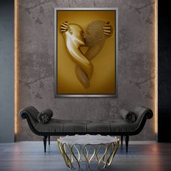 golden metallic kissing wall art, couple kissing framed canvas, metallic 3d effect wall art, metallic love canvas, gold