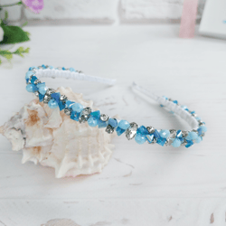 blue bling crystals crown, sparkle rhinestones headband, embellished hair accessories, bead christmas women hair piece