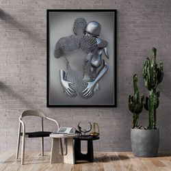 metallic hugging wall art, silver metallic couple framed canvas, metallic love wall art, silver metallic effect canvas,