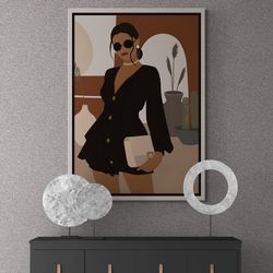 minimalist woman wall art, woman framed canvas, boho style canvas, minimalist canvas, minimalist plant art, woman black