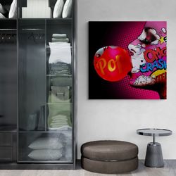 omg pop art framed canvas, bubble gum woman pop art, woman portrait canvas, comic style pop art, shock style pop art, go