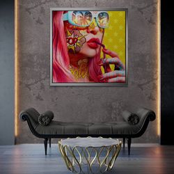 pop art framed canvas, cartoon woman wall art, sexy woman pop art, woman with glasses canvas, shock style pop art, silve