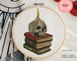 halloween cross stitch pattern , skull candle with books,skull x stitch chart, instant download,pdf,scary night,spooky