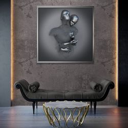 silver metallic love framed canvas, metallic hugging wall art, silver 3d effect metallic art, couple hugging canvas, whi