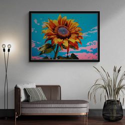 sunflower framed canvas, floral wall art, sunflower canvas, botanical wall art, blossom sunflower canvas, flower silver