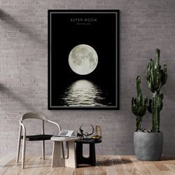super moon above the water wall art, sea light framed canvas, night wall art, full moon canvas, luminous moon wall art,