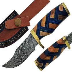 handmade damascus steel hunting knife wooden handle with leather sheath, best gift for men, gift for him, groomsmen gift