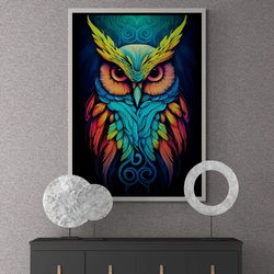 the owl framed canvas, abstract owl wall art, pop art owl canvas, animal wall art, colorful owl canvas, pop surreal owl