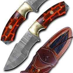 custom handmade damascus skinner knife, leather sheath included, camping knife, outdoor knife, best gift for mens