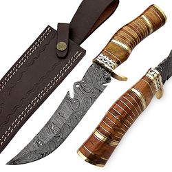 custom handmade damascus steel bowie knife wooden handle, leather sheath, groomsmen gift, gift for a friend,