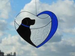 dog black retriever labrador in blue heart . art stained glass window hanging suncatcher. gift for animal lover, pet los