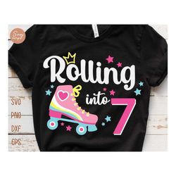 rolling into 7 svg, birthday roller skates svg, 7th birthday svg, roller skating svg, roller girl svg, retro summer kid