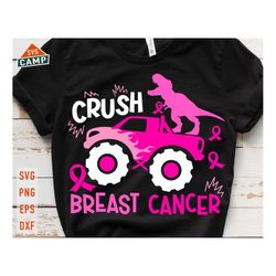 crush breast cancer dinosaur svg, breast cancer svg, breast cancer t-rex monster truck svg, boys breast cancer svg, pink