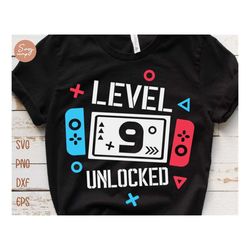 level 9 unlocked birthday svg, 9th birthday boy gamer svg, 9 years old gamer shirt svg, funny kids gamer svg digital fil