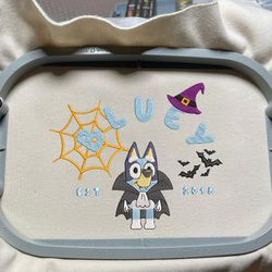 blue dog est 2018 halloween embroidery design, happy haloween embroidery file, blue dog cartoon embroidery design, halloween trending design, 3 sizes