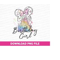 watercolor birthday girl png, magical kingdom png, watercolor castle png, birthday girl png, watercolor mouse ear, png f