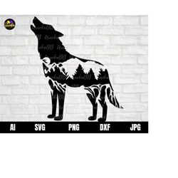 wolves svg, howling wolf svg, mountain wolf svg, pine forest trees svg, wolf svg, mountain svg, hunting svg, wolf huntin