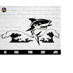 shark svg, animal svg, fish svg, shark silhouette svg, shark head svg, shark with wave vector layered cut file, svg, png