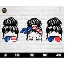 4th of july messy bun hair svg, red white and blue america messy bun hair sunglasses svg, american patriotic mom bun hai