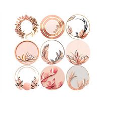 rose gold circles, commercial use, pink floral frames, gold glitter page elements, wedding clipart, rose gold watercolor