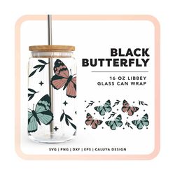 16oz butterfly libbey can wrap svg | boho butterfly beer can wrap svg, mystic witchy glass can full wrap svg, butterfly