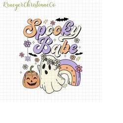 spooky babe halloween png, cute spooky babe png, retro halloween png, ghost kid png, floral spooky png, spooky season pn