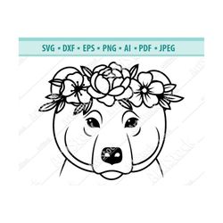 bear svg file, bear with flower crown svg, bear cut file, animal face svg, floral crown svg, bear with flowers on head p