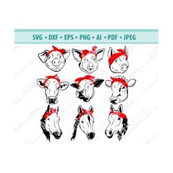 farm animals with bandana svg, animal head bandana svg, cow svg, bandana svg, heifer svg, horse clipart, pig face svg, h