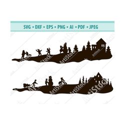 christmas scene svg, christmas svg, cute cartoon children svg, holiday children svg, winter scene svg, snowman svg, chri