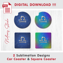 2 libra diamond zodiac signs - sublimation waterslade pattern - car coaster design - digital download